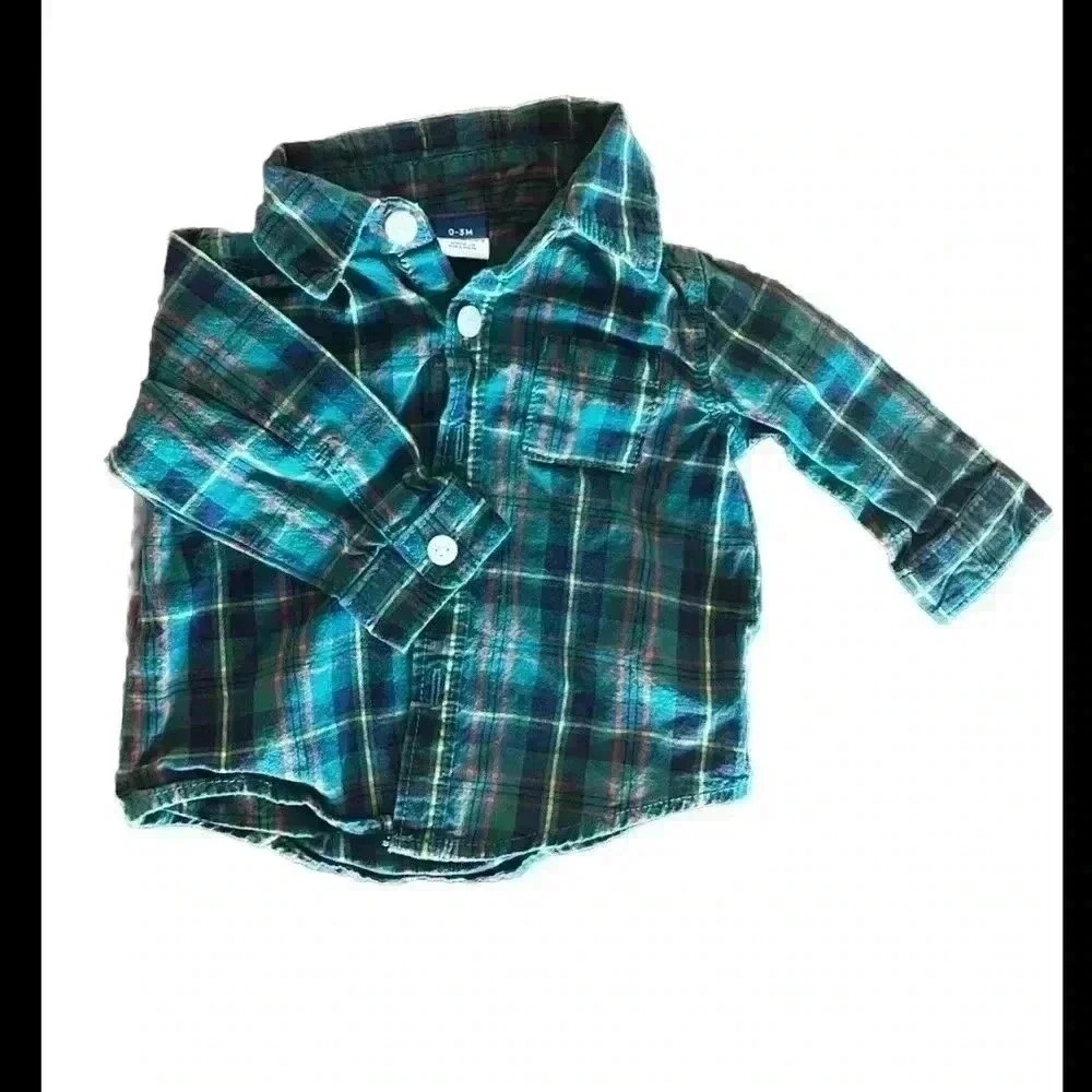 Old Navy Plaid Button Up Shirt Boys 0-3 Months Green Good Long Sleeve 0837
